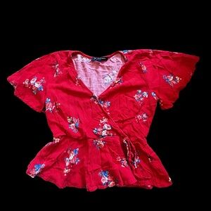 Flowy Red Flower V Neck Top, Nice Casual